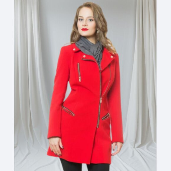 F&F Red Asymmetrical Zip Coat Women’s Size 14 US / 18 UK Long Jacket - Picture 1 of 8